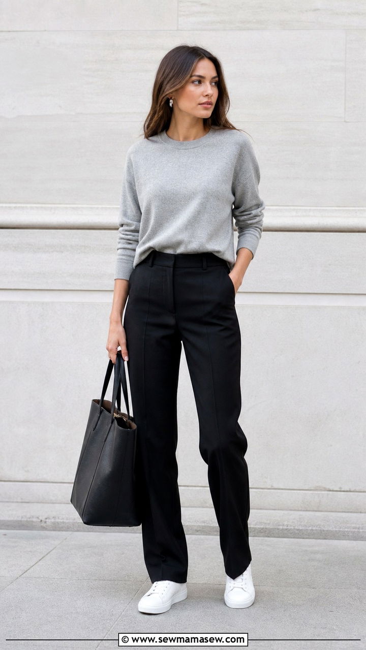 Grey Sweatshirt with Tailored Trousers - 40 Clean girl outfit ideas