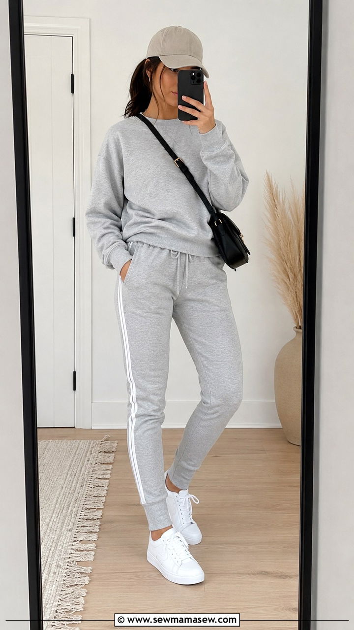 Grey Sweatsuit With Baseball Cap - 30 spring sporty chic outfit ideas