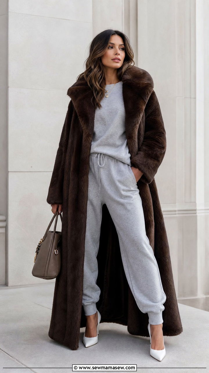 Grey Sweatsuit with Fur Coat and Heels - 25 Matching sweatsuit outfit ideas