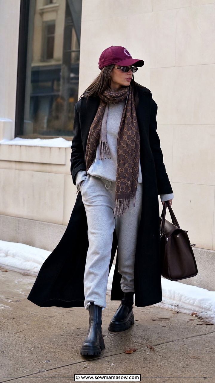 Grey Sweatsuit with Maxi Coat and Boots - 25 Matching sweatsuit outfit ideas