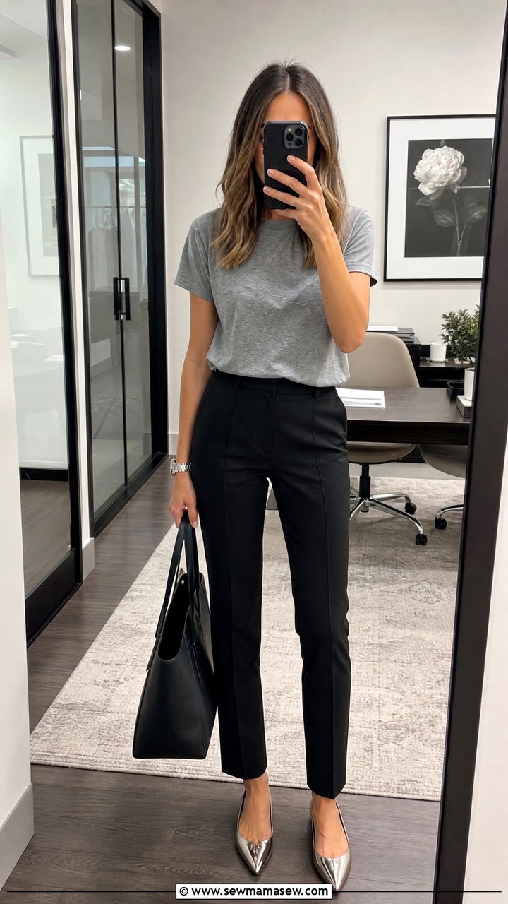 Grey TShirt With Tailored Black Trousers - 25 basic t-shirt outfits for women over 40