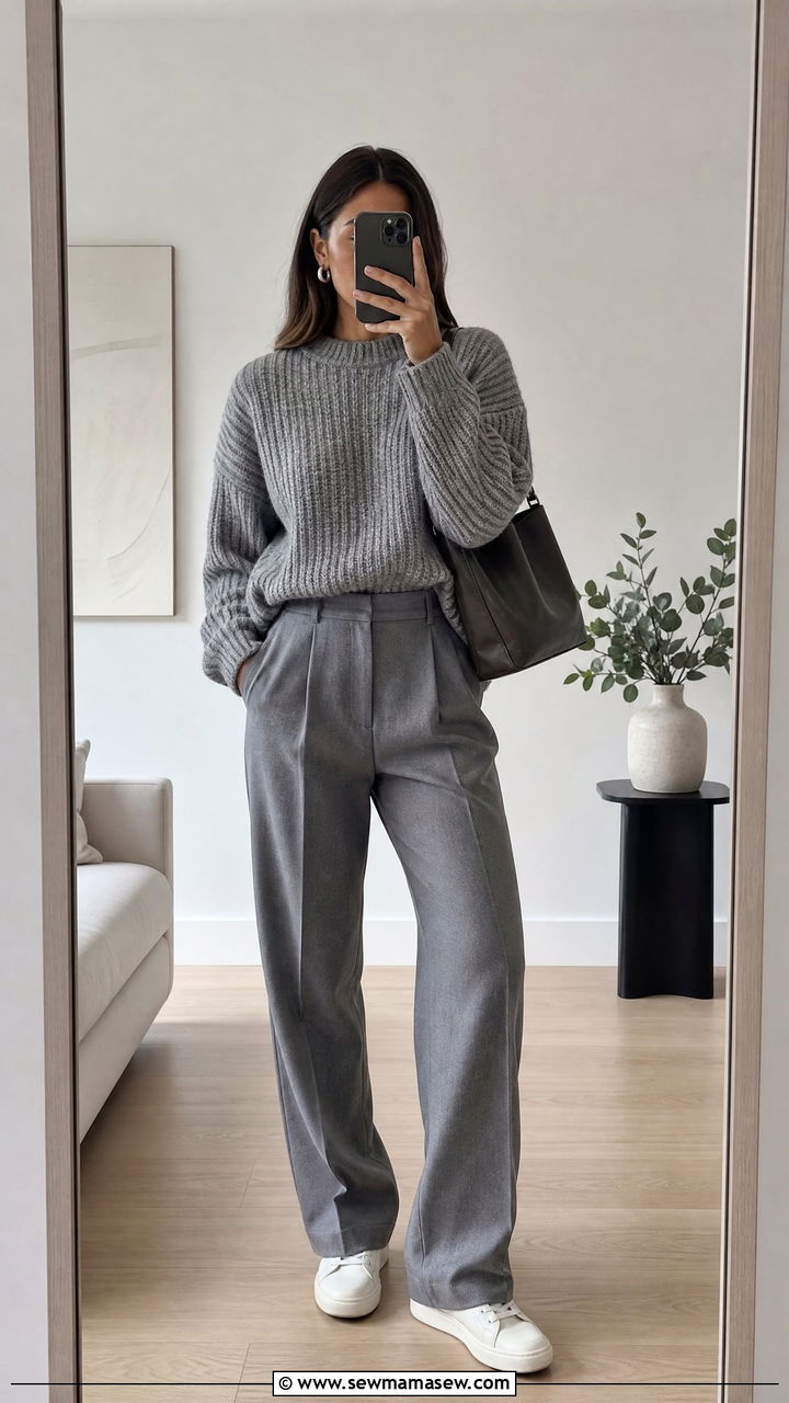 Grey Tailored Trousers And Knit Sweater - 30 classy minimalist outfit ideas