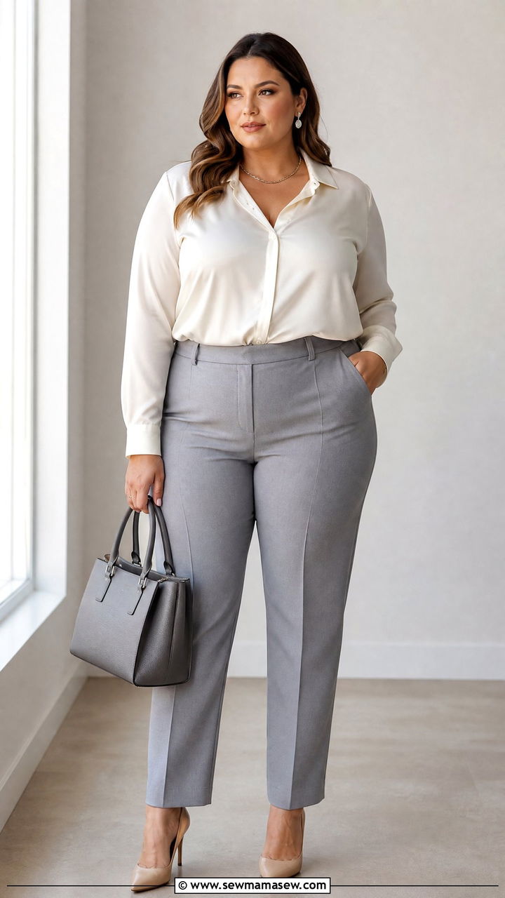 Grey Tailored Trousers And Silk Blouse Plus Size Outfit - 25 Quiet luxury outfit ideas plus size