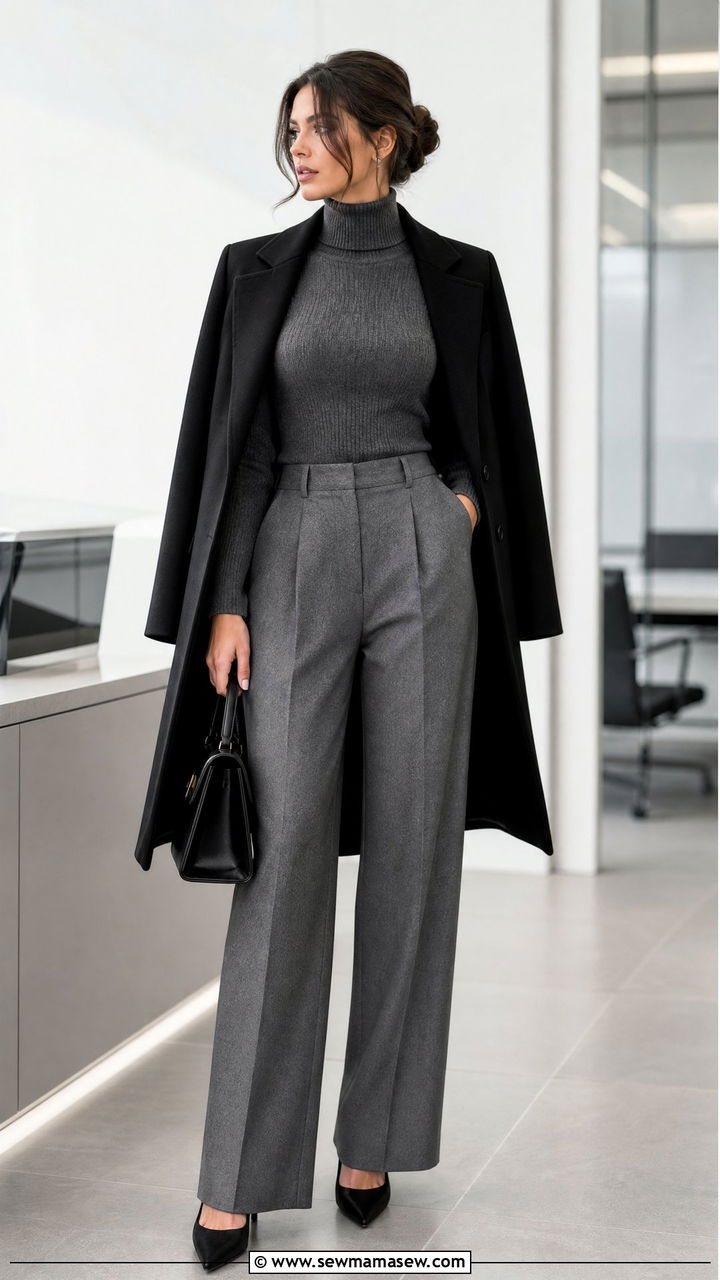Grey Tailored Trousers With Ribbed Turtleneck And Black Structured Coat - 35 Modern office outfit ideas