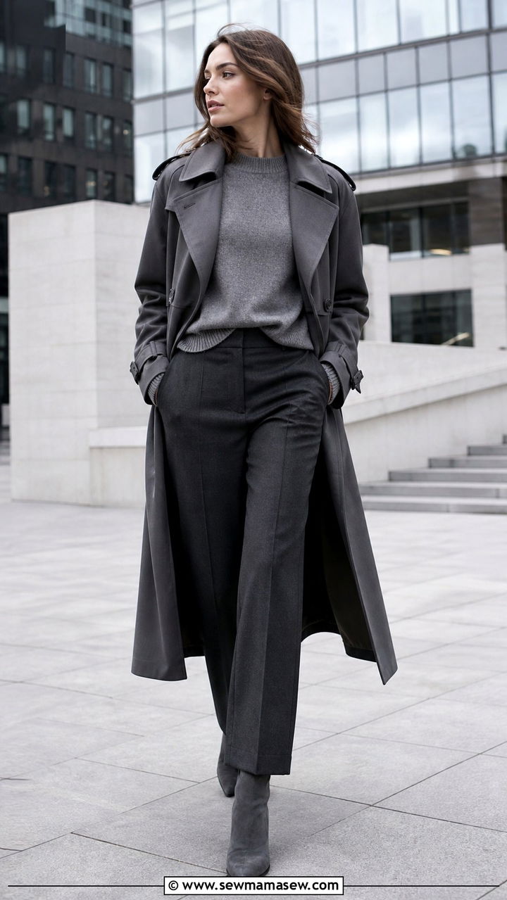 Grey Trench Coat Monochrome Layered Outfit - 40 trench coat outfit ideas