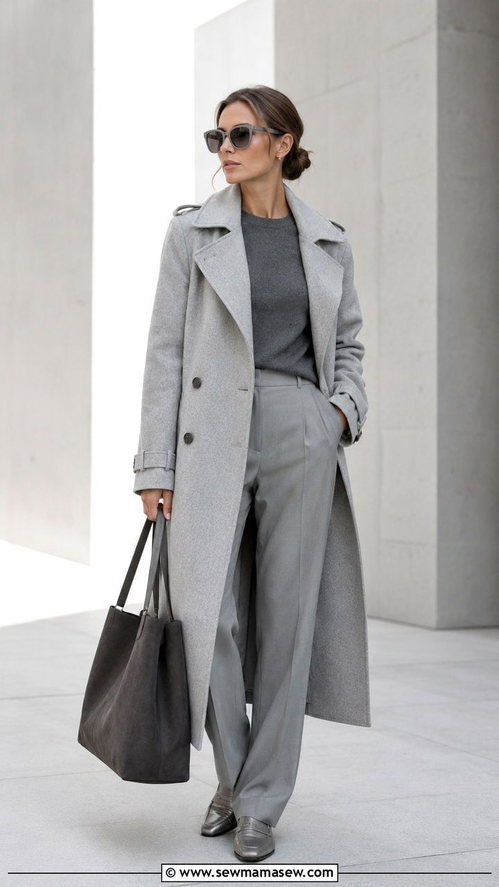 Grey Trench Coat Monochrome Look - 30 Quiet luxury outfit ideas with trench coat