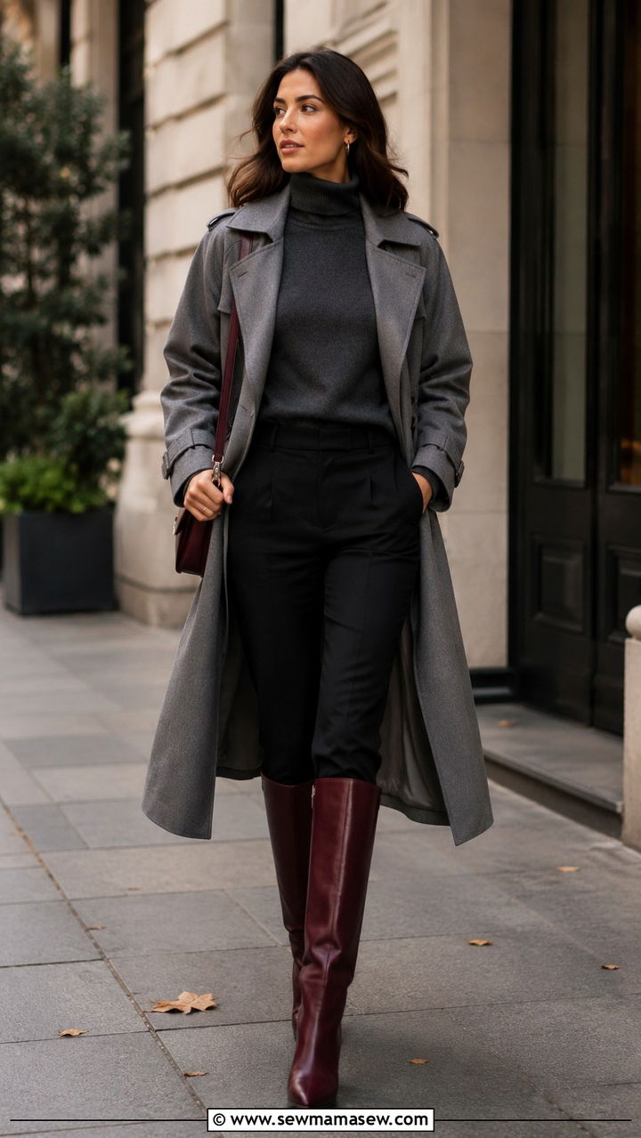Grey Trench Coat With Burgundy Knee High Boots - 30 Long trench coat outfit ideas with boots