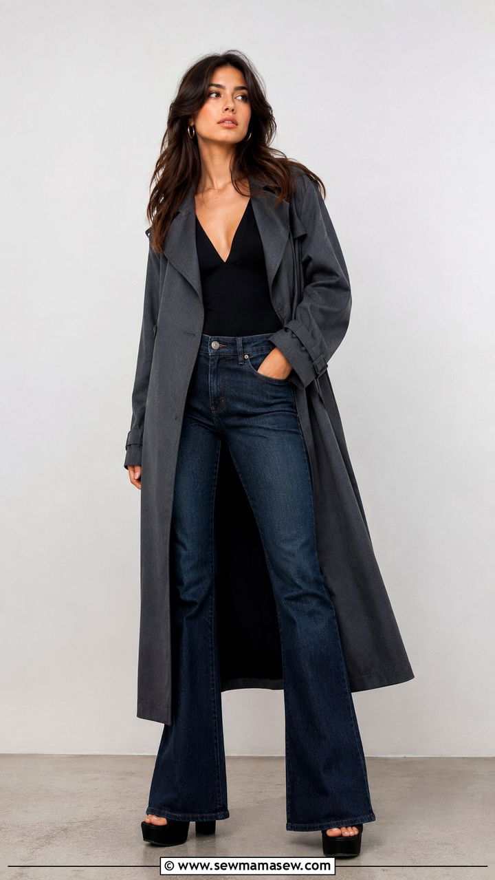 Grey Trench Coat With Flared Jeans and Platform Heels - 30 Long trench coat outfit ideas with jeans