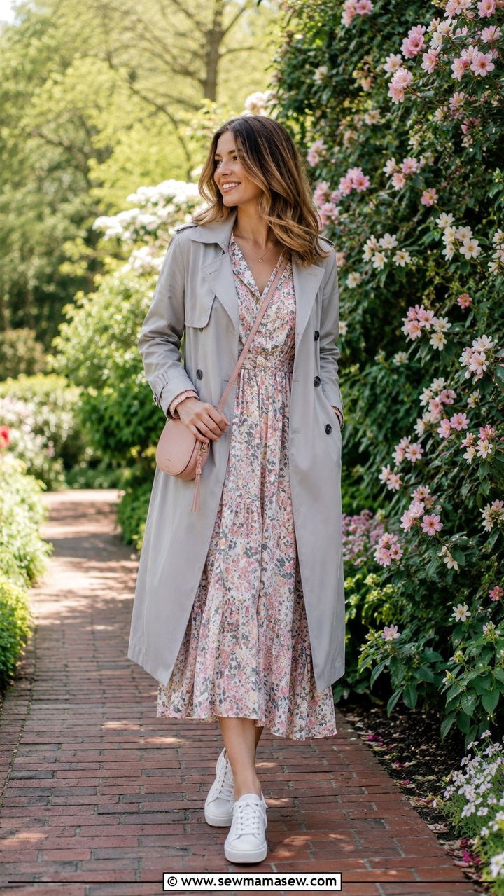 Grey Trench Coat With Floral Midi Dress Outfit - 25 Midi dress with trench coat outfit ideas