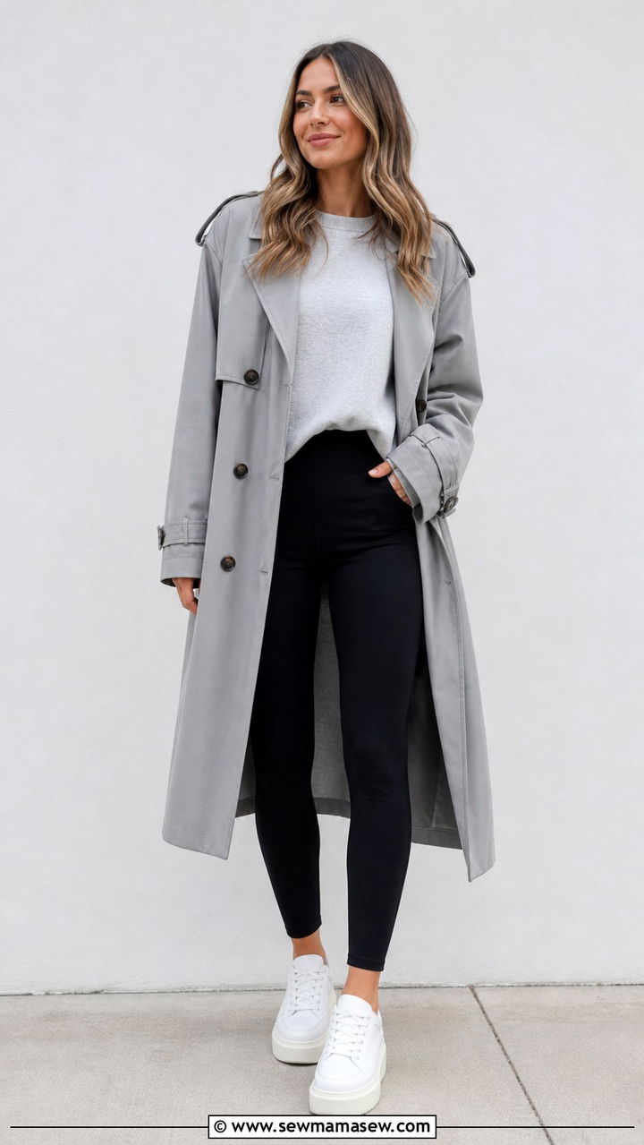 Grey Trench Coat with Black Leggings and Platform Sneakers - 40 casual trench coat outfits