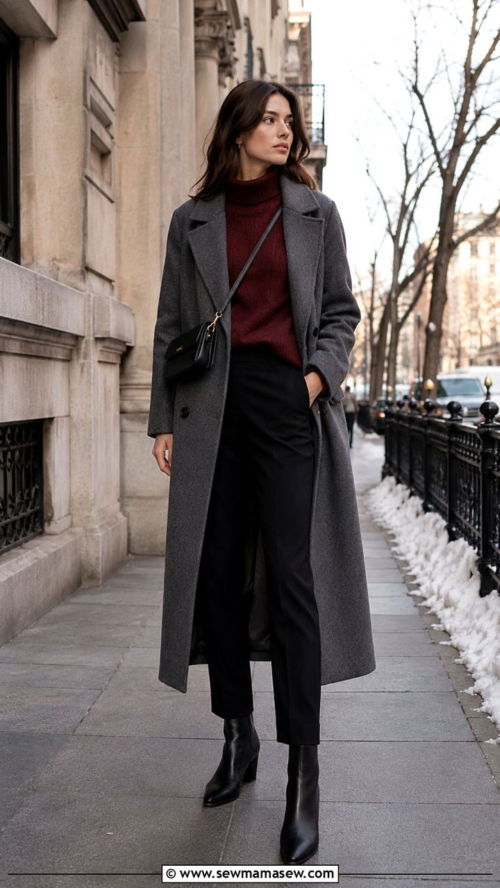Grey Trench Coat with Burgundy Sweater and Ankle Boots - 30 Long trench coat outfit ideas with a sweater