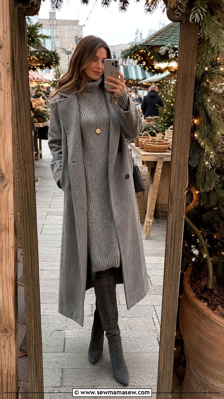 Grey Trench Coat with Chunky Knit Sweater and Midi Sweater Dress - 30 Long trench coat outfit ideas with a sweater