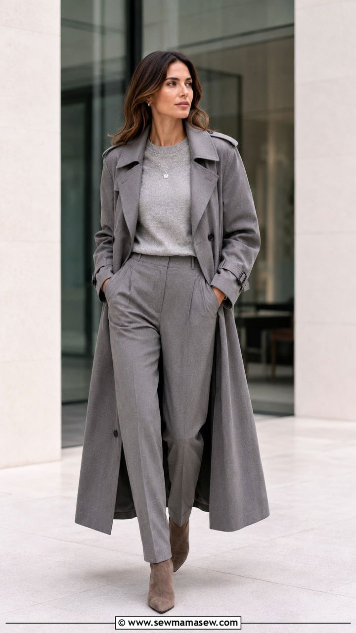 Grey Trench Coat with Crewneck Sweater and Matching Grey Trousers - 30 Long trench coat outfit ideas with a sweater