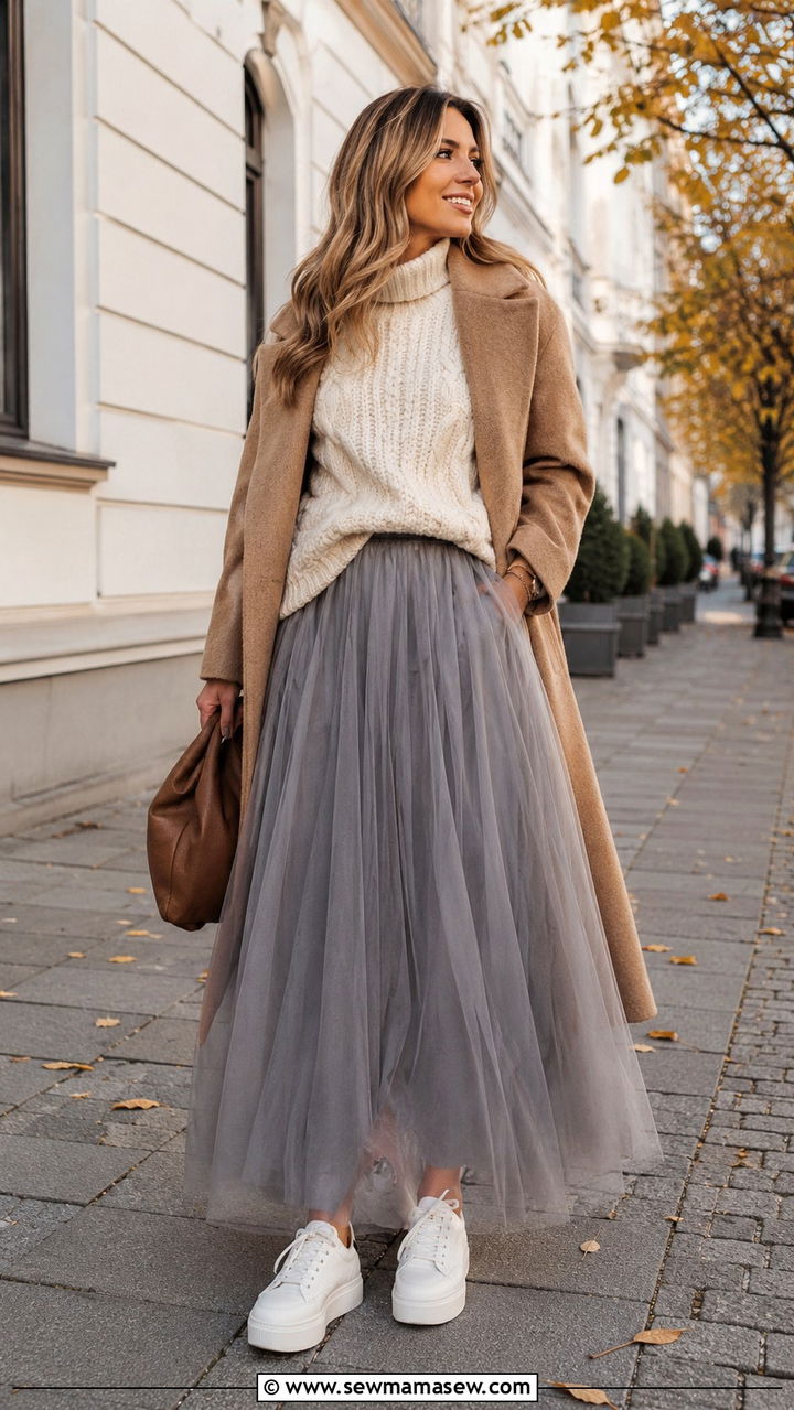 Grey Tulle Maxi Skirt With Chunky Knit Sweater And Sneakers - 25 Tulle skirt outfit ideas with sneakers