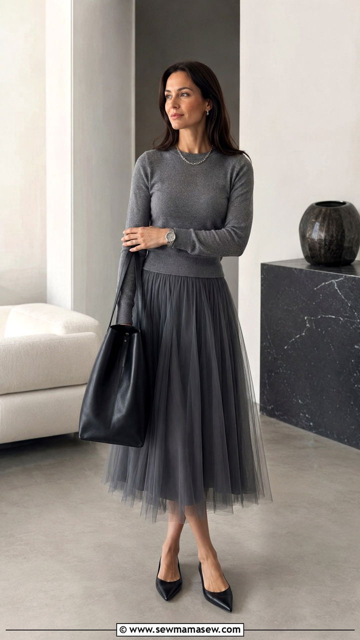 Grey Tulle Skirt With Monochrome Charcoal Sweater And Silver Accessories - 25 Tulle skirt outfit ideas for work