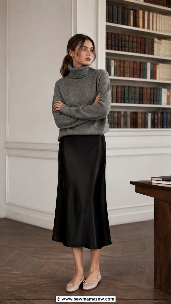 Grey Turtleneck With Black Satin Skirt and Ballet Flats - 30 casual satin skirt outfits
