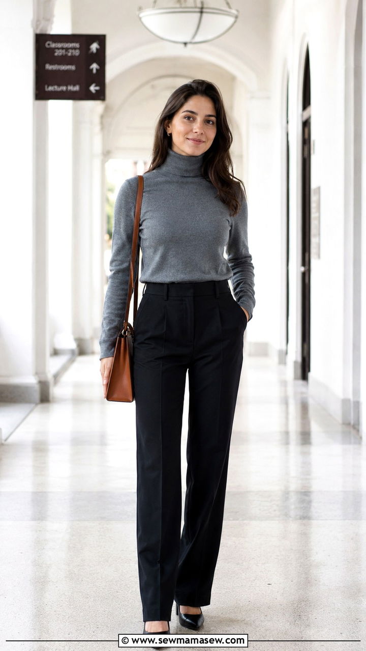 Grey Turtleneck With Black Suit Pants And Brown Bag - 25 Professor outfit ideas