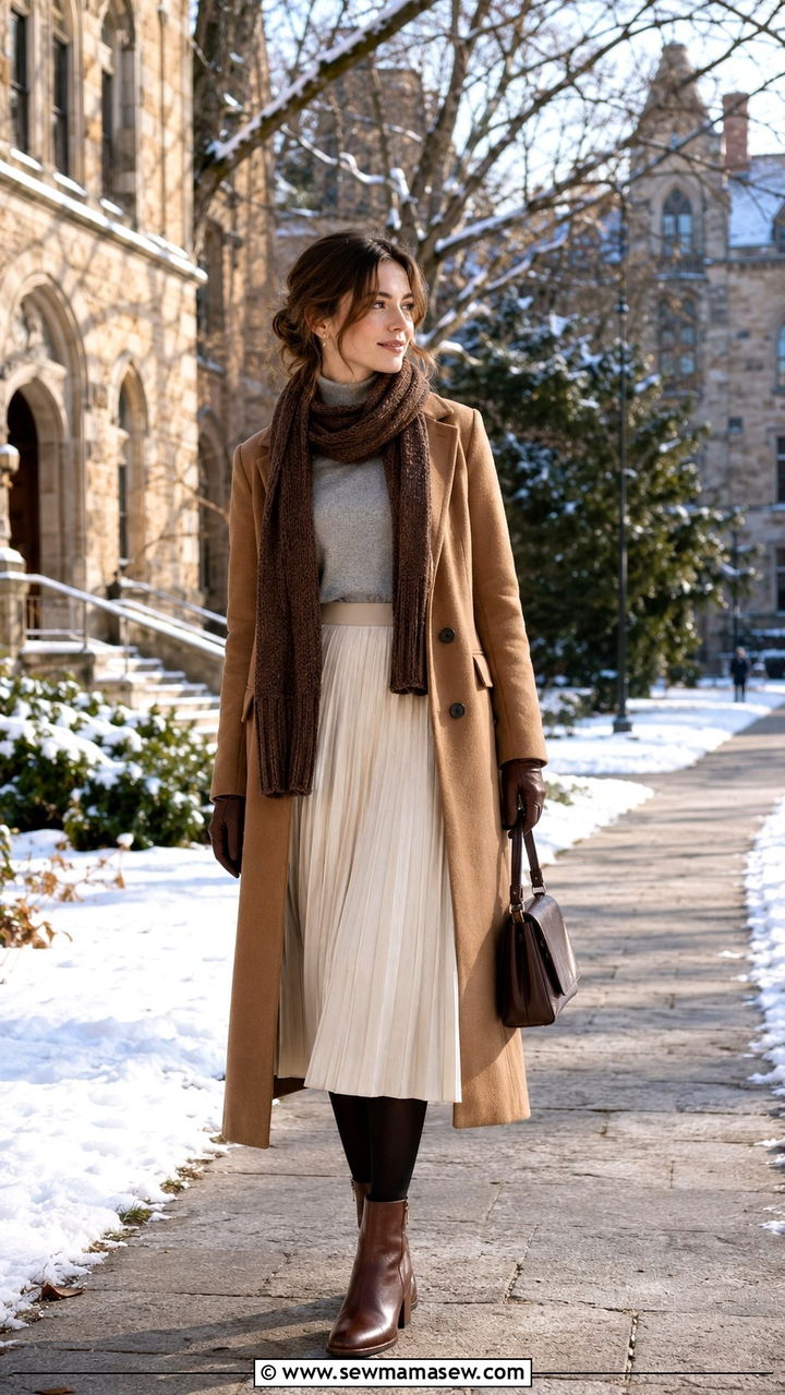 Grey Turtleneck With Camel Coat And Pleated Midi Skirt - 30 light academia outfits inspo