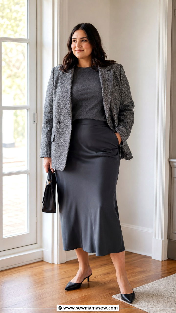Grey Tweed Blazer With A Midi Satin Skirt - 30 Plus size outfit ideas with blazer