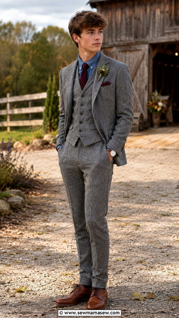 Grey Tweed Suit With Brogues - 25 Wedding guest outfits for teens