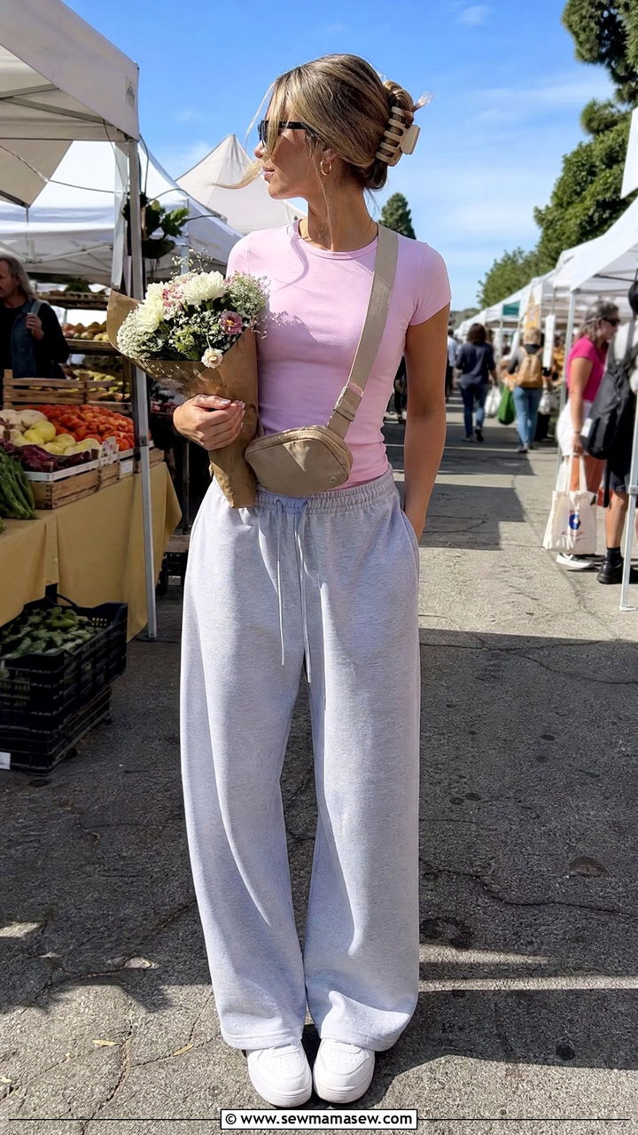 Grey Wide Leg Sweatpants with Pink Fitted Tee - 30 Clean girl loungewear outfit ideas