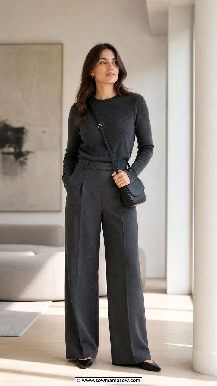 Grey Wide Leg Trousers with Fitted Knit - 30 chic job interview outfits for women