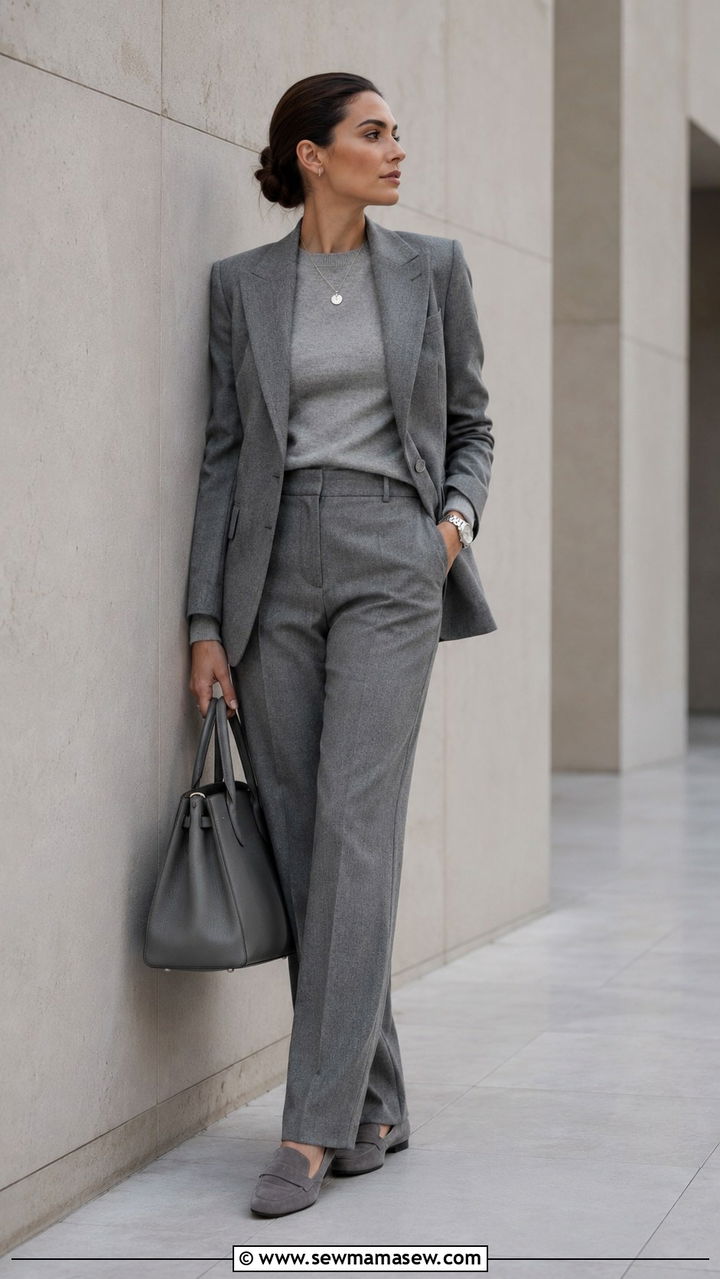 Grey Wool Blazer with Matching Trousers and Dove Sweater - 30 quiet luxury outfits aesthetic