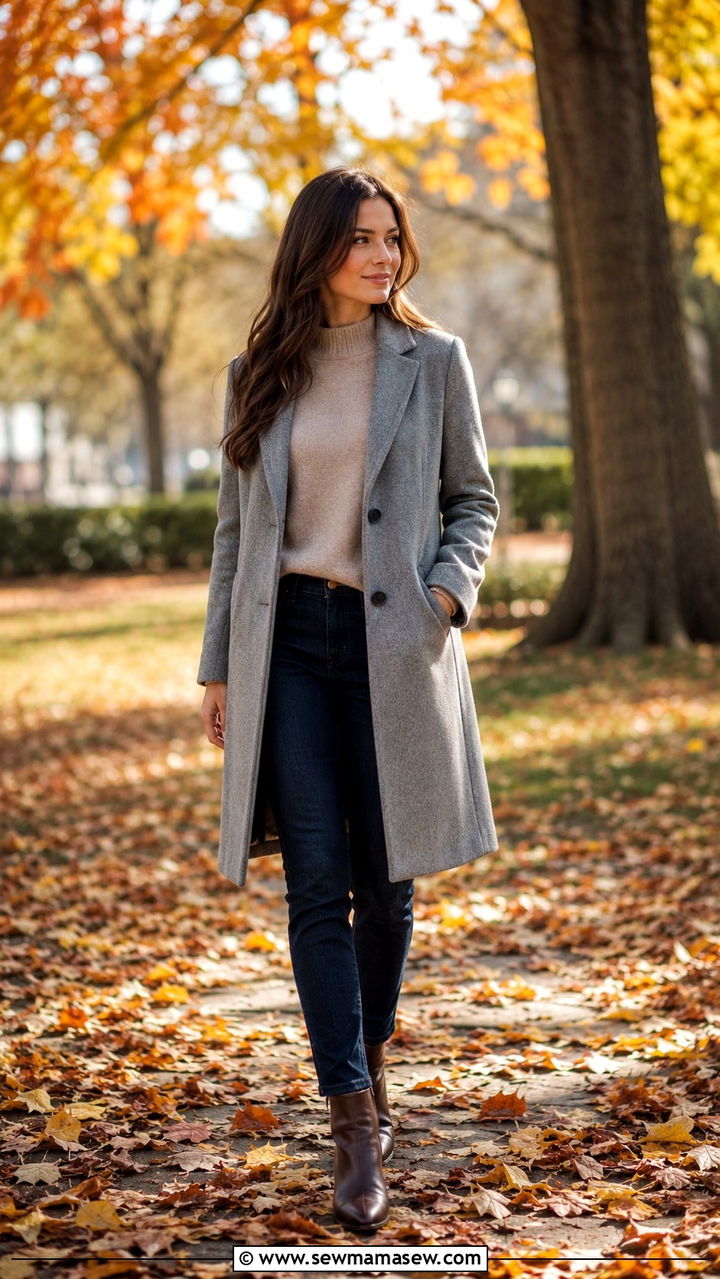 Grey Wool Coat With Cashmere Sweater And Dark Denim - 30 Quiet luxury capsule wardrobe