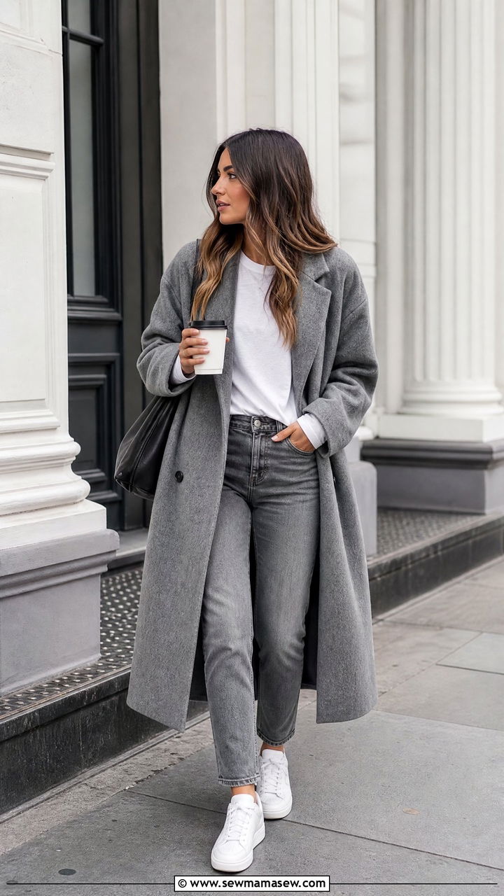 Grey Wool Coat With Grey Jeans and White Tee - 25 Chicago outfit ideas