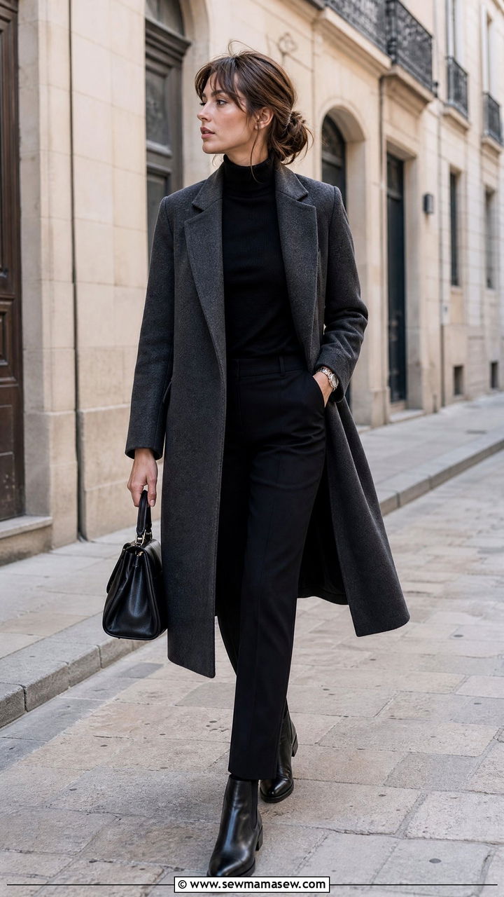 Grey Wool Coat with Black Turtleneck and Black Trousers - 30 French girl outfit ideas minimalist