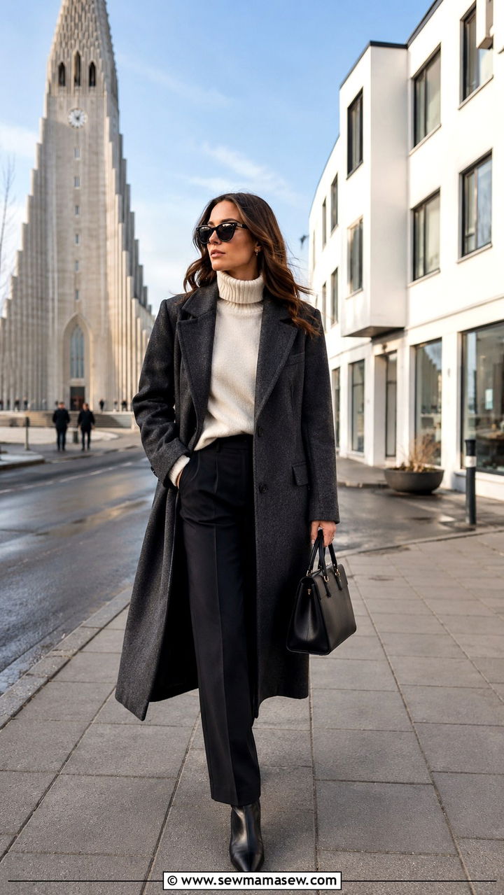 Grey Wool Coat with Cashmere Turtleneck and Trousers - 30 Iceland outfit ideas