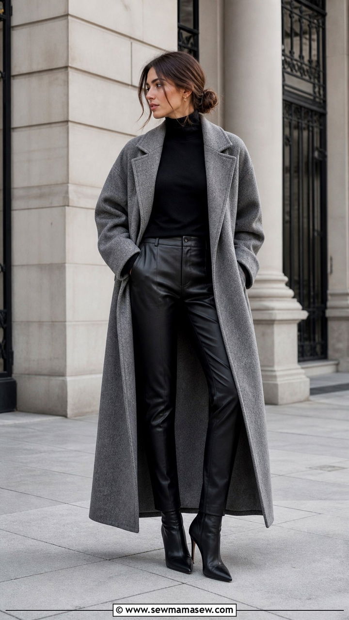 Grey Wool Maxi Coat With Black Turtleneck and Leather Pants - 40 Maxi coat outfit ideas