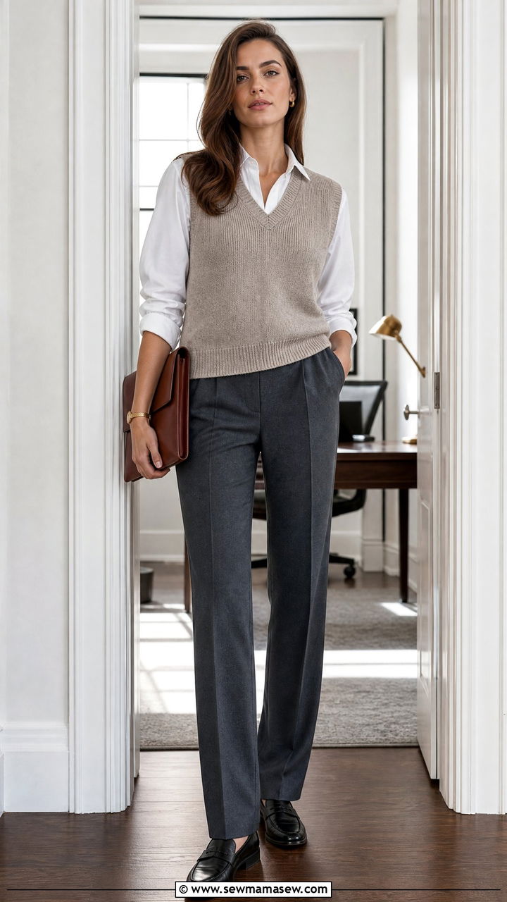 Grey Wool Trousers with Knitted Sweater Vest Outfit - 30 Old money outfit ideas for work
