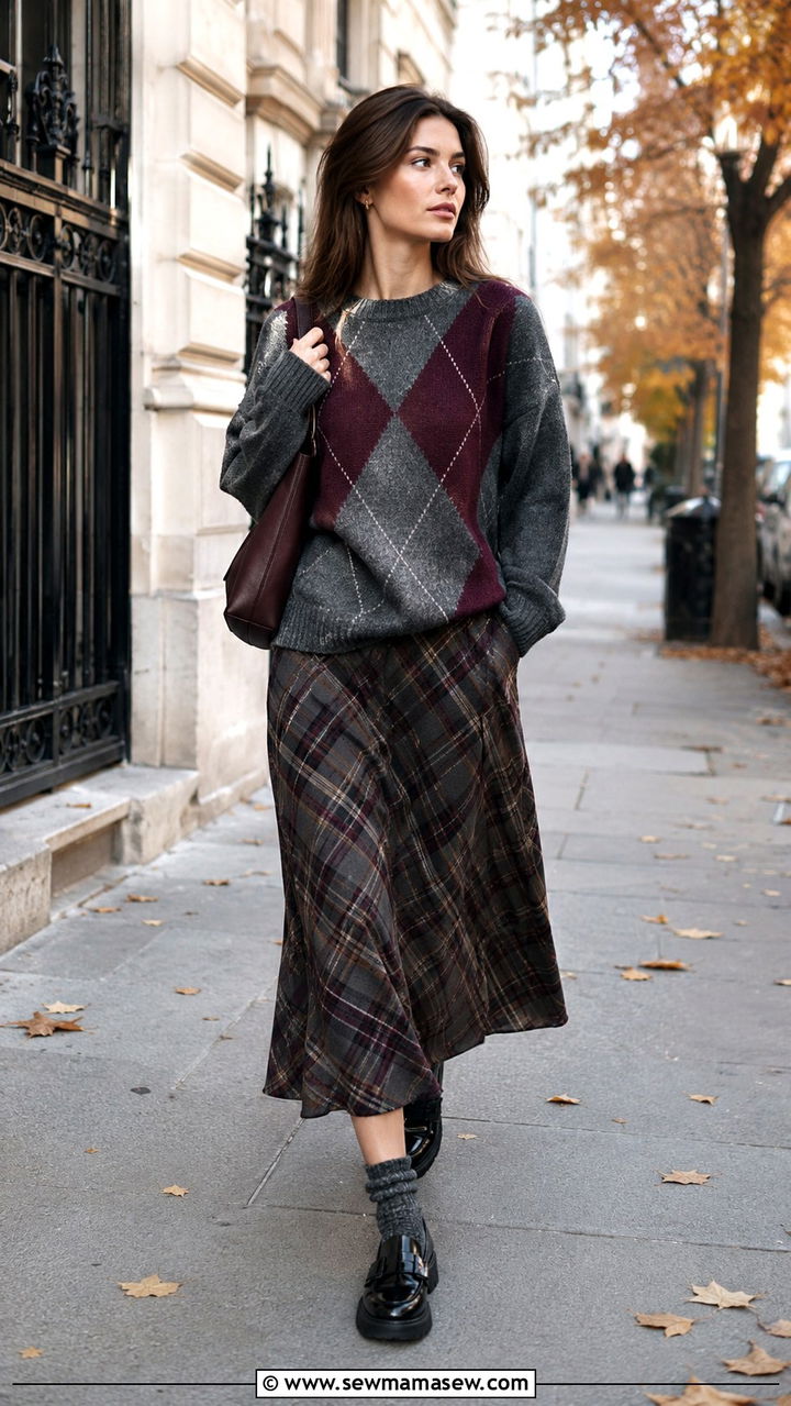 Grey and Burgundy Argyle Sweater with Plaid Midi Skirt - 25 Old money outfit ideas with argyle sweater
