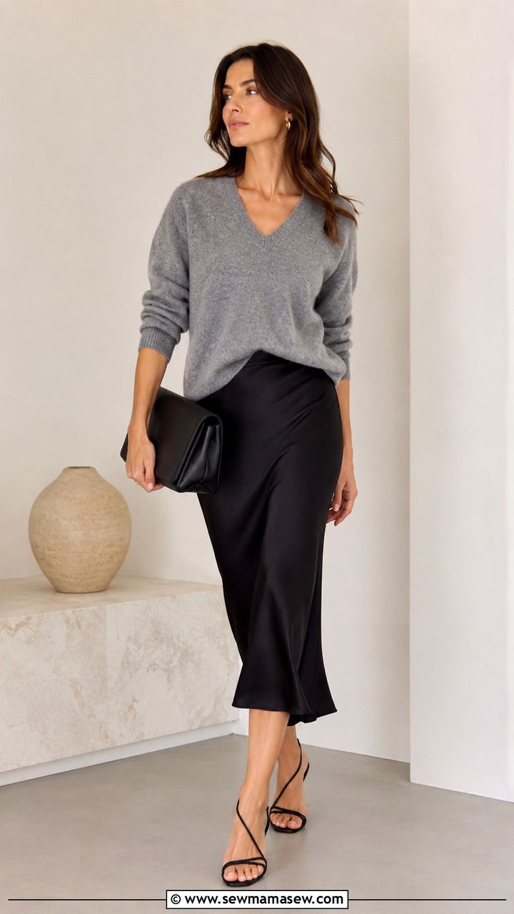 Grey cashmere V neck with black satin midi skirt - 30 quiet luxury capsule wardrobe outfits
