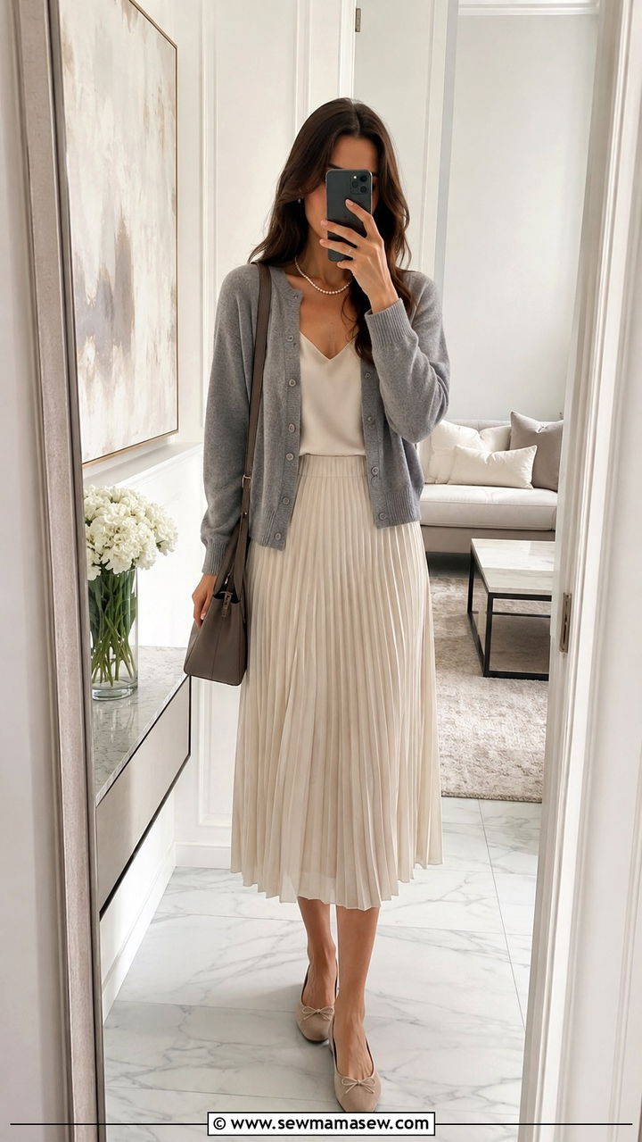 Grey cashmere blend cardigan with ivory pleated midi skirt - 20 Quiet luxury Loro Piana dupes outfit ideas