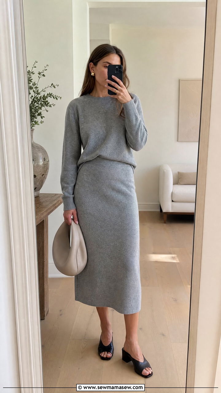 Grey cashmere crewneck and straight skirt outfit - 25 Quiet luxury outfit ideas spring 2026