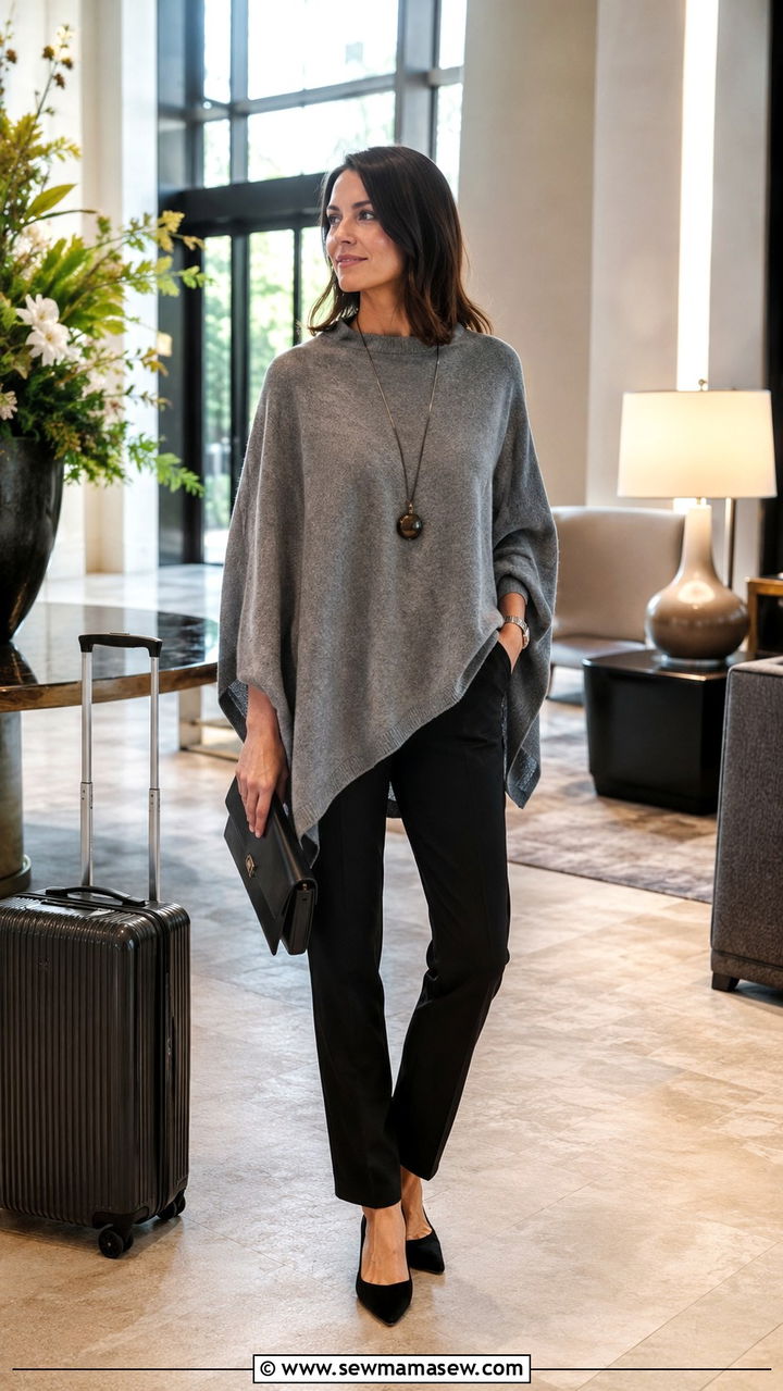 Grey cashmere poncho with tailored black trousers and pointed flats - 25 Old money outfit ideas with equestrian style