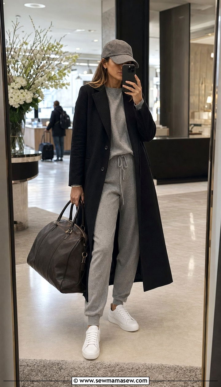 Grey cashmere set with tailored joggers - 35 Airport outfit ideas quiet luxury
