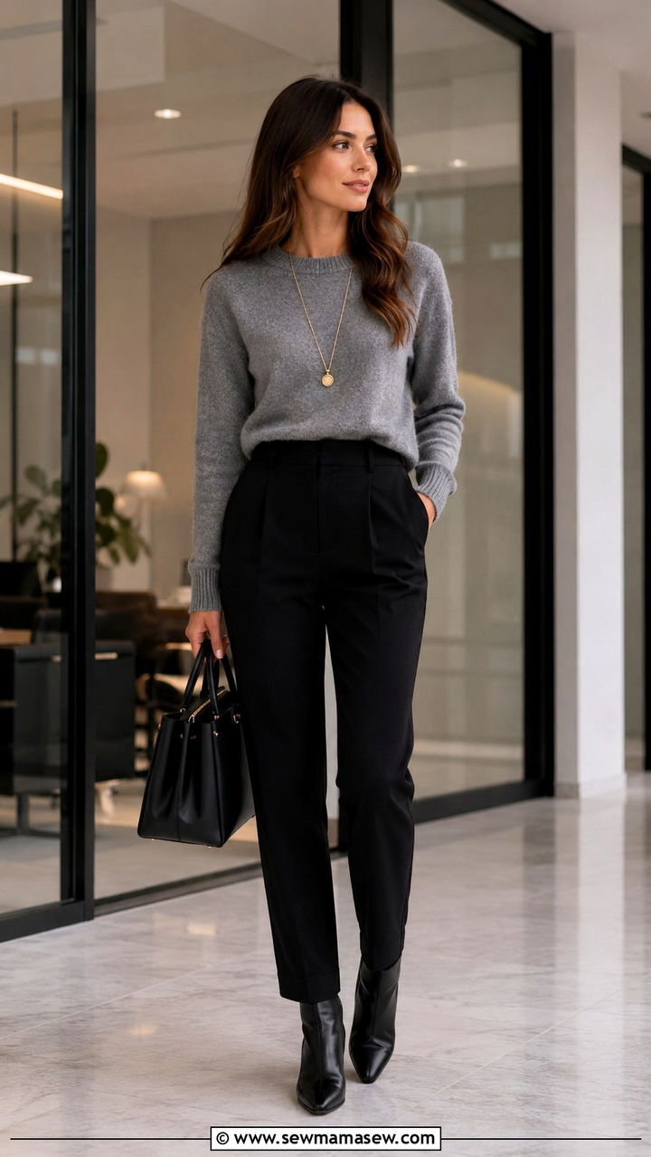 Grey crewneck sweater with black trousers outfit - 30 Old money outfit ideas 2026