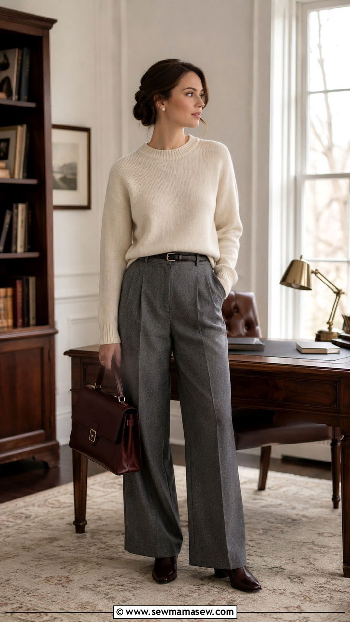 Grey flannel trousers with cashmere sweater - 30 Old money work outfit ideas