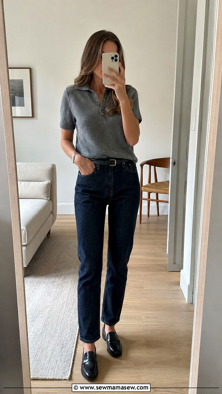 Grey heathered polo with dark denim and loafers - 25 Old money outfit ideas with polo