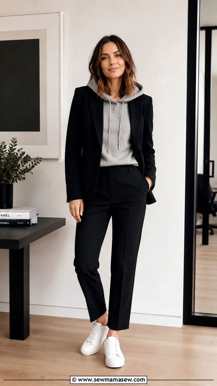 Grey hoodie under black blazer with tailored trousers - 30 Hoodie outfit ideas for women 2026