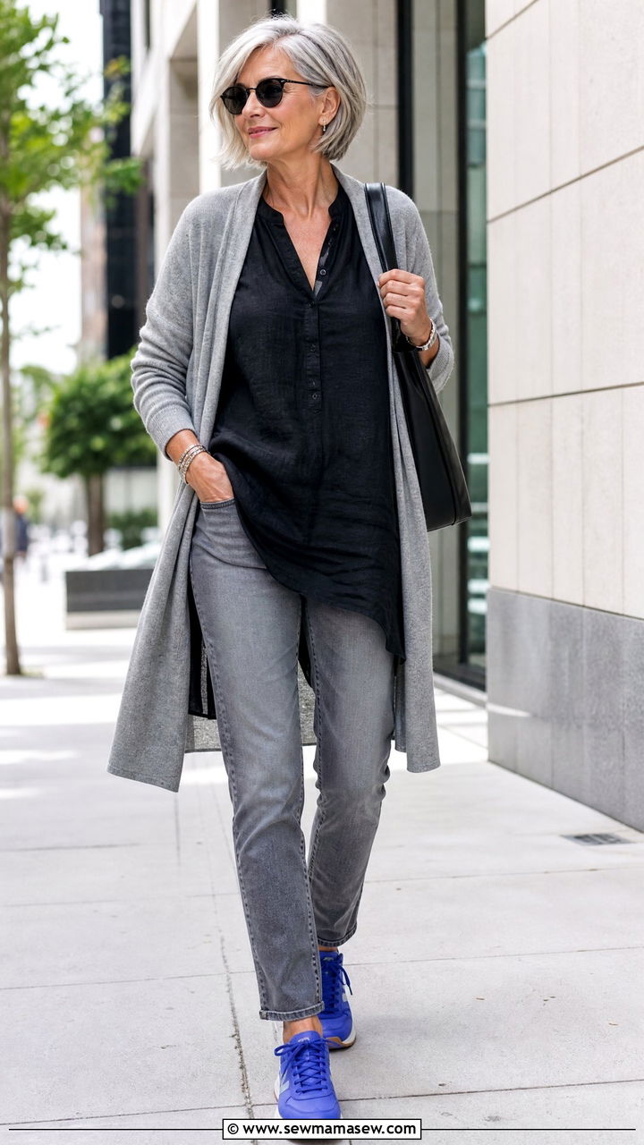 Grey jeans and colorful sneakers outfit - 35 Jeans and sneakers outfit ideas over 50
