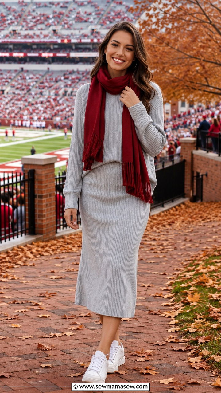 Grey knit set with white sneakers - 20 Gameday outfit ideas Alabama