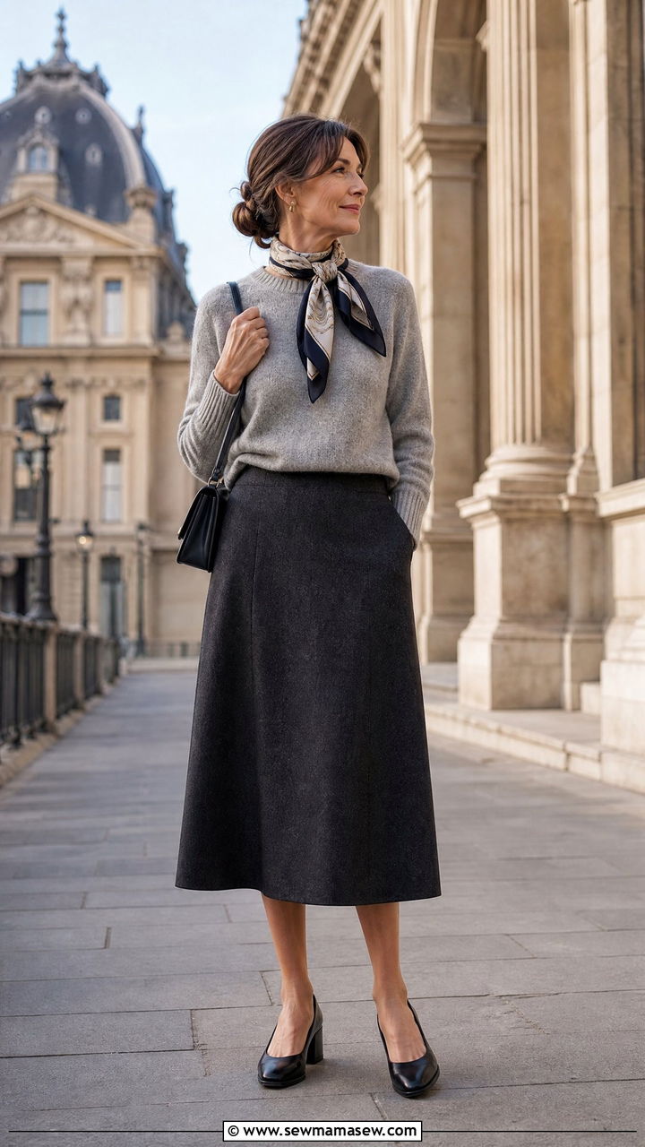 Grey knit sweater with A line midi skirt and block heels - 35 French girl outfit ideas for women over 50