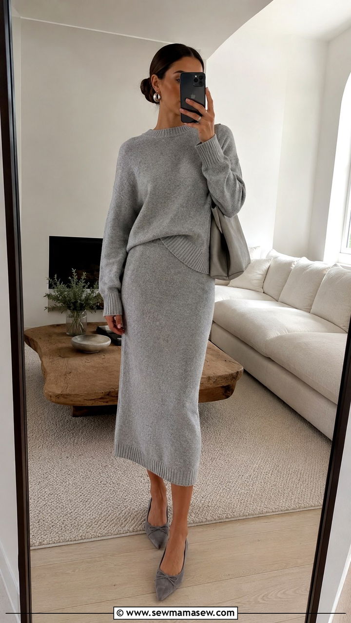 Grey knit top and matching midi skirt outfit - 30 quiet luxury outfits to copy