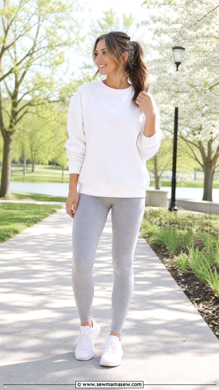 Grey leggings with white sweatshirt and running shoes - 25 Spring outfits with leggings