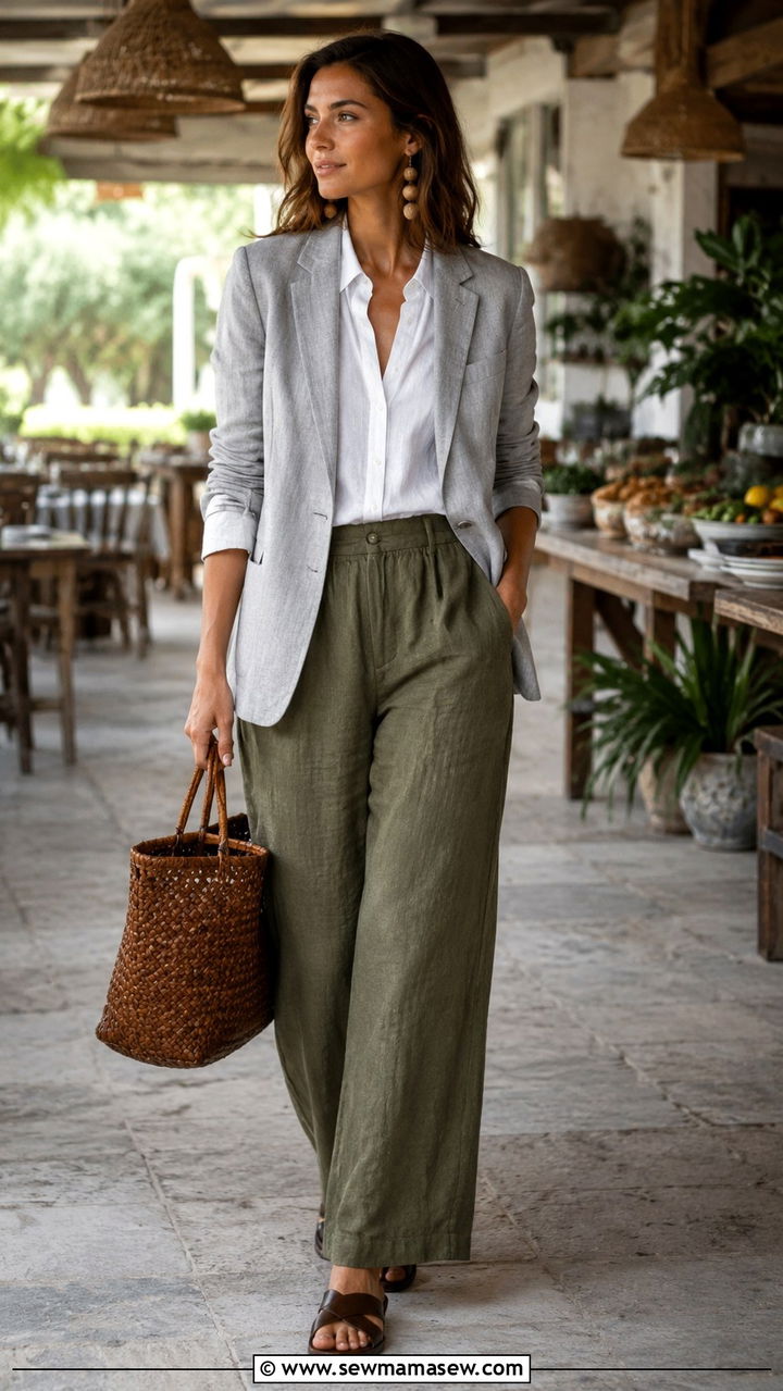 Grey lightweight blazer with olive green linen pants - 25 Wide leg linen pants outfit ideas with a blazer