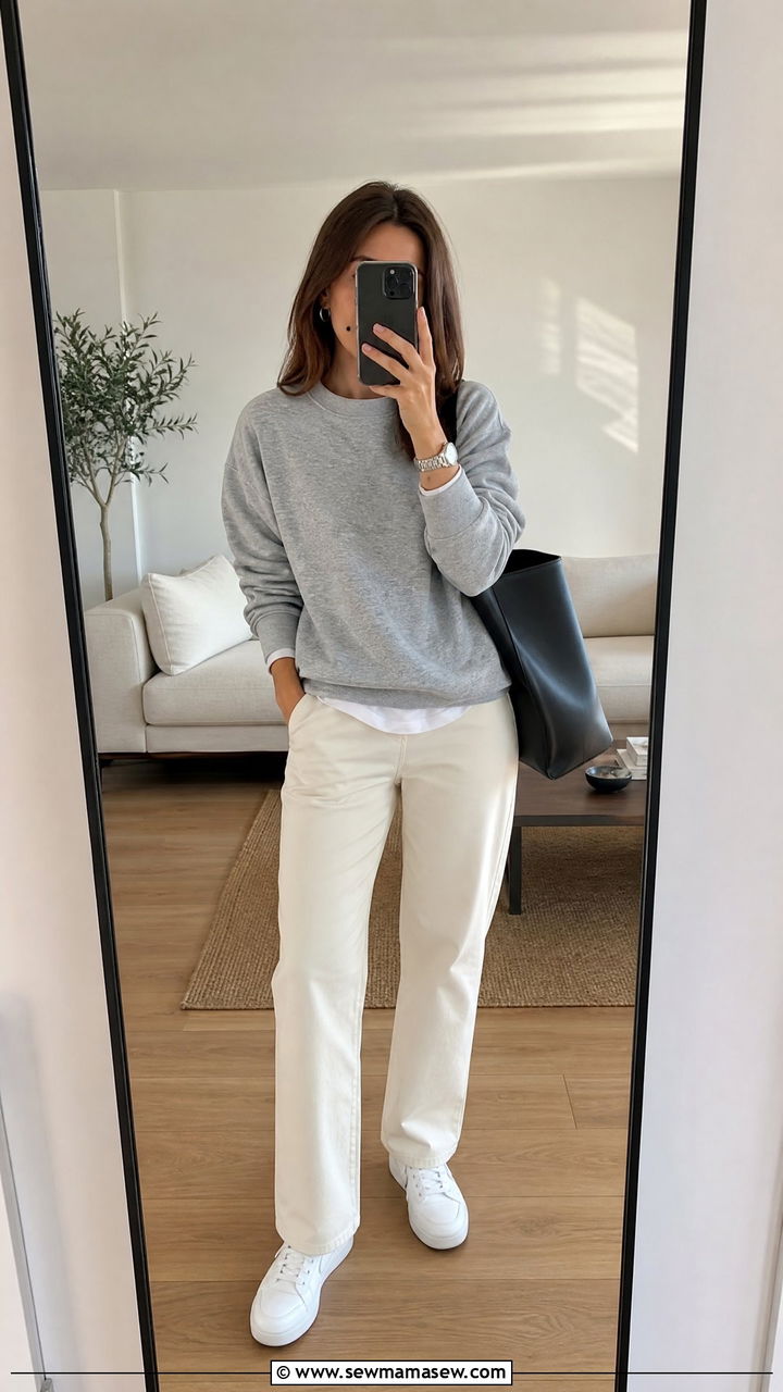Grey marl sweatshirt and cream chino pants - 35 Minimalist spring outfits